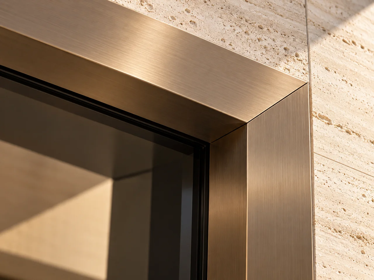 Concept Rendering of a champagne bronze door trim corner, showing the mitre and folded return
