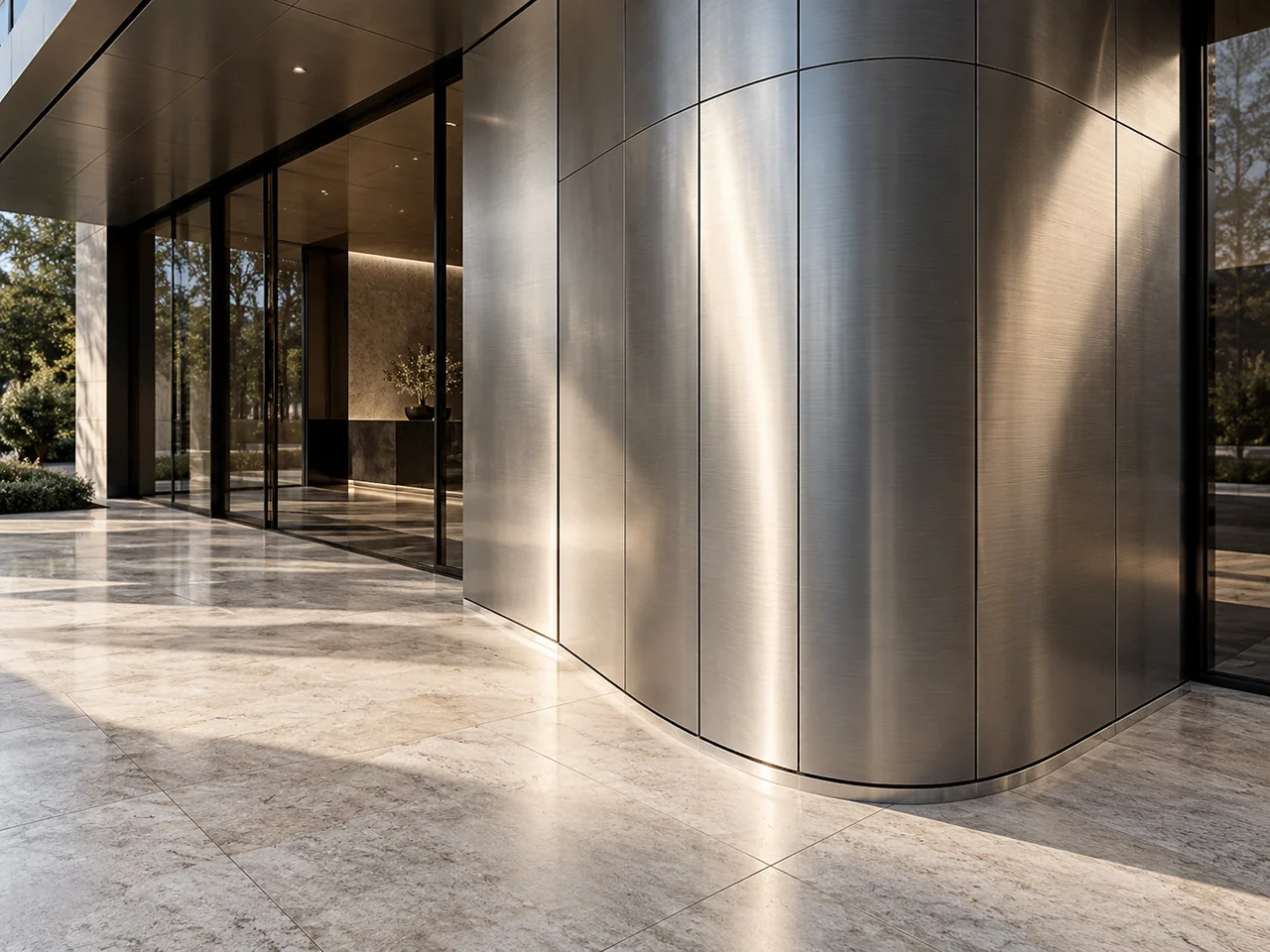 Concept Rendering of curved brushed stainless steel entrance cladding with expressed panel joints
