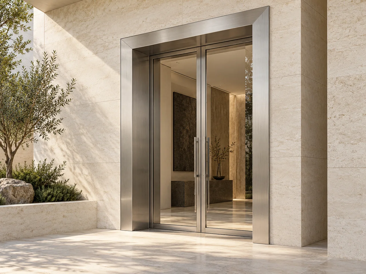 Concept Rendering of a brushed silver stainless steel portal with folded jambs in a limestone opening