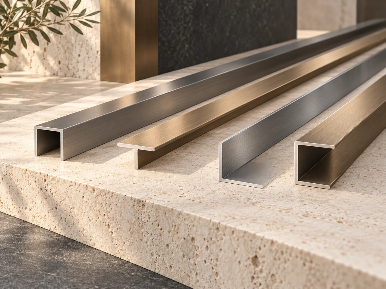 Concept Rendering of U, T, L and C decorative metal sections on a stone plinth; geometry is illustrative