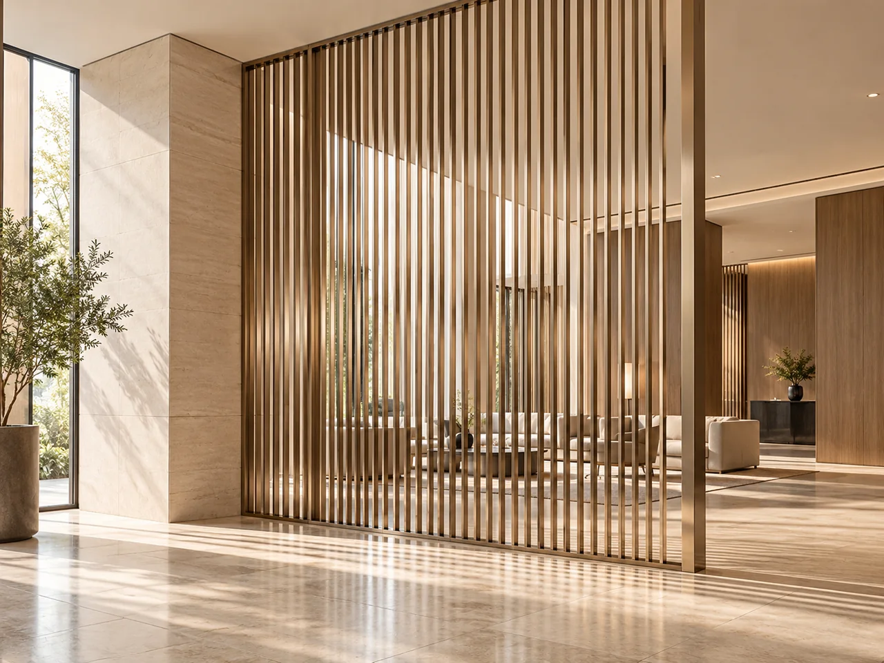 Concept Rendering of a champagne metal fin screen dividing a warm stone interior
