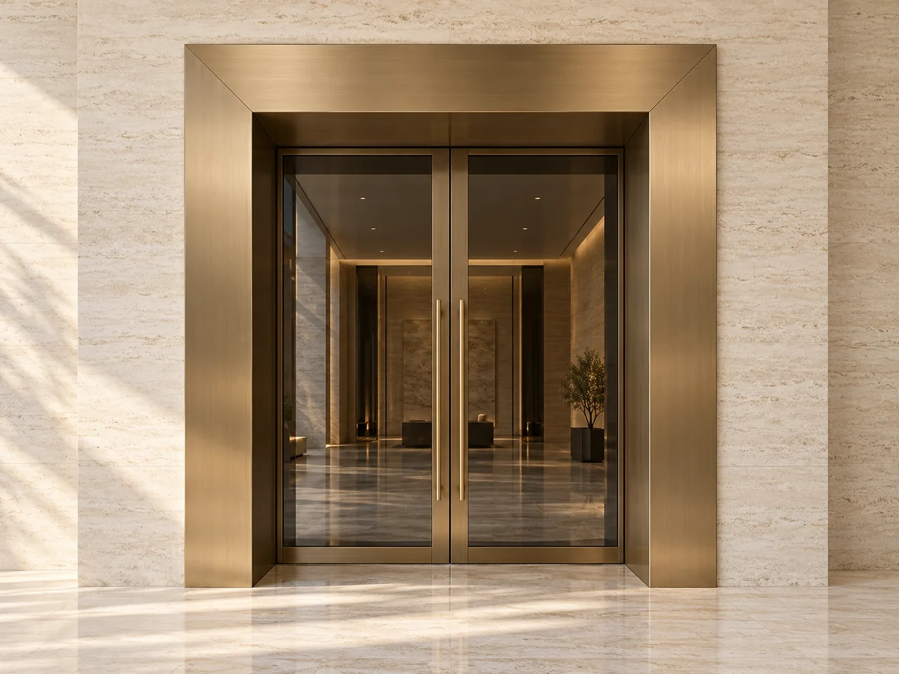 Concept Rendering of a complete champagne bronze stainless steel doorway surround with broad faces and folded side reveals